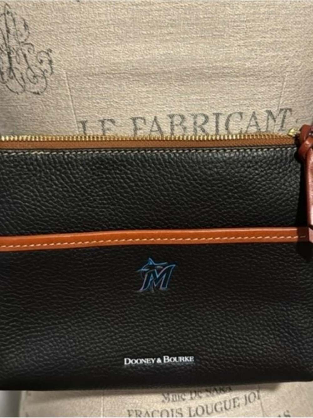 Dooney & Bourke Black & Tan Leather Crossbody w/ Miami Marlins Emblem